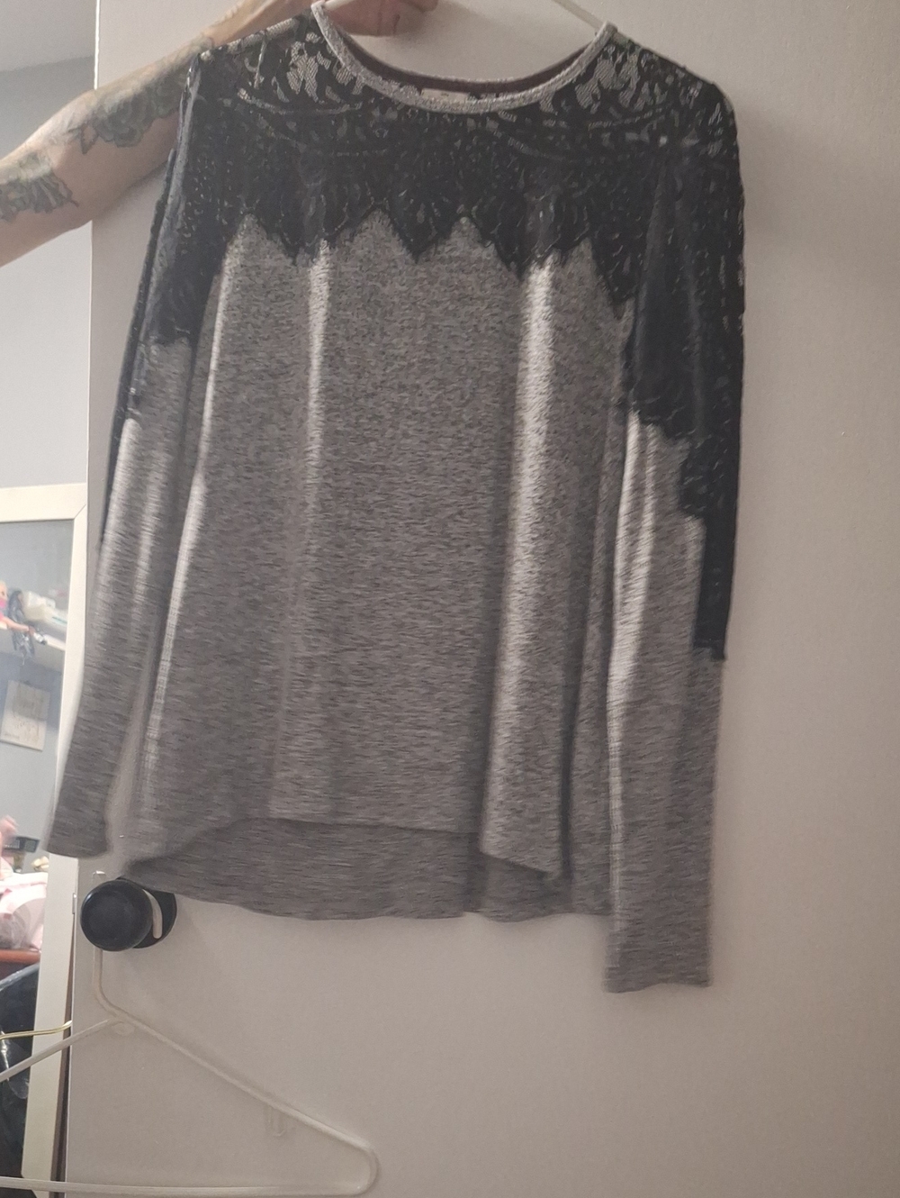 Gray Long-Sleeve Knit Top with Black Lace Yoke - Women's Elegant Layering